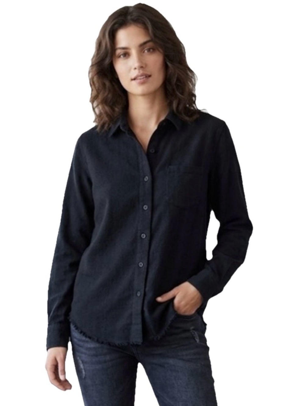 Cotton Citizen Women’s Black Button Up Cotton Long Sleeve Raw Hem Size Small